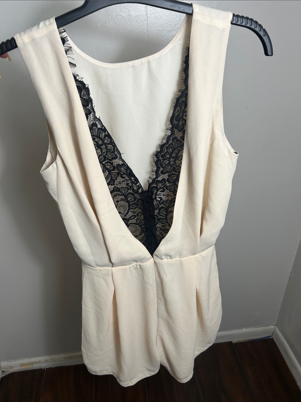 Cream Lace-Trim Deep V Romper juniors small